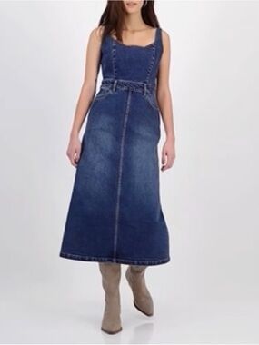 Sleeveless Indigo Denim Midi Pinafore Dress